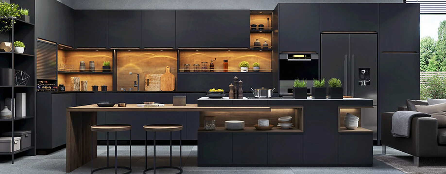 Panoramic navy and walnut kitchen with backlit shelving