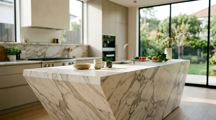 Calacatta marble waterfall island